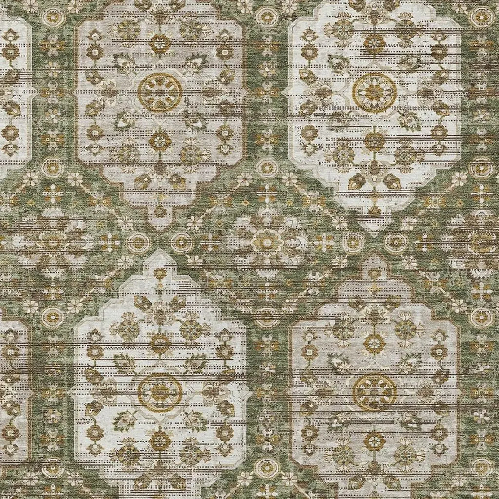 8' X 10' Olive Green And Green Damask Washable Indoor Outdoor Area Rug Homeroots Outdoor