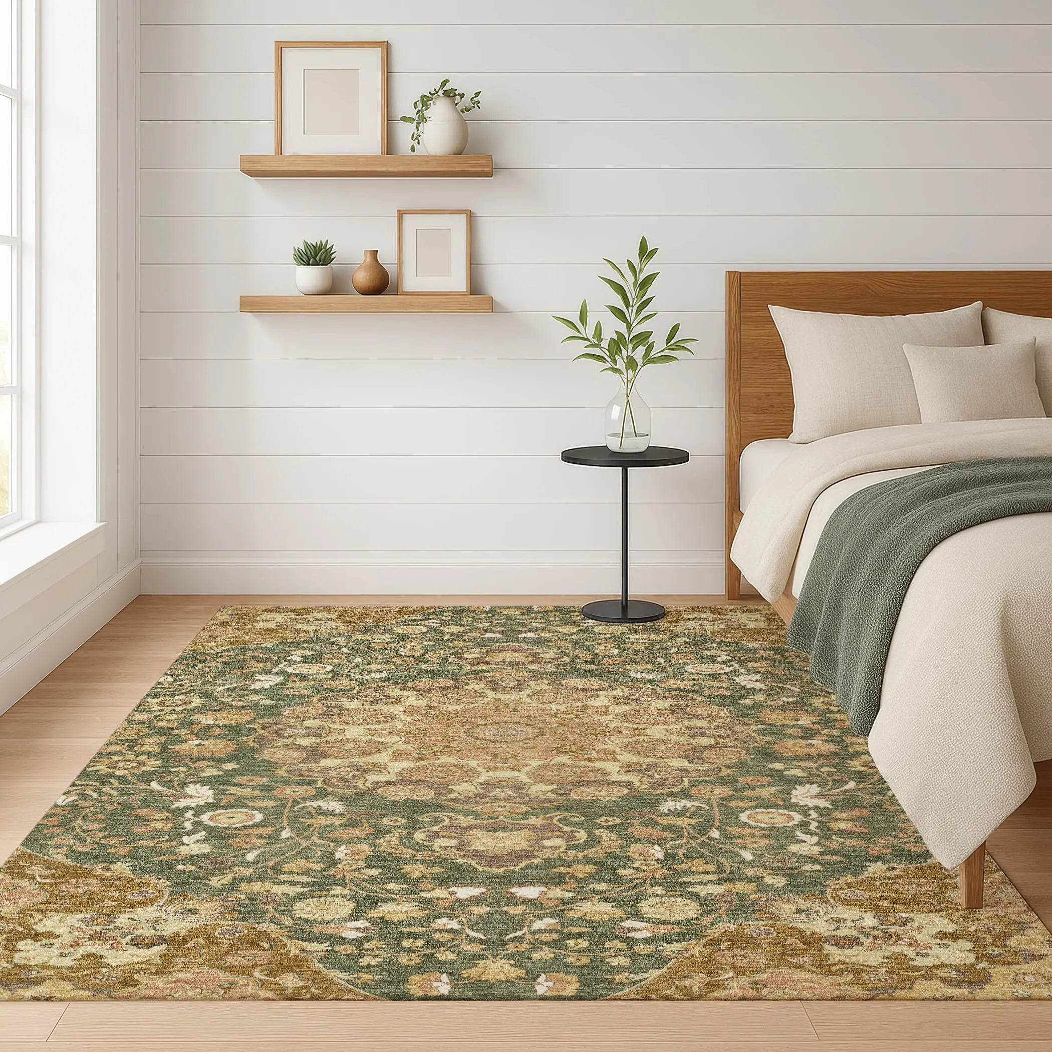 8' X 10' Olive Green And Green Damask Washable Indoor Outdoor Area Rug Homeroots Outdoor