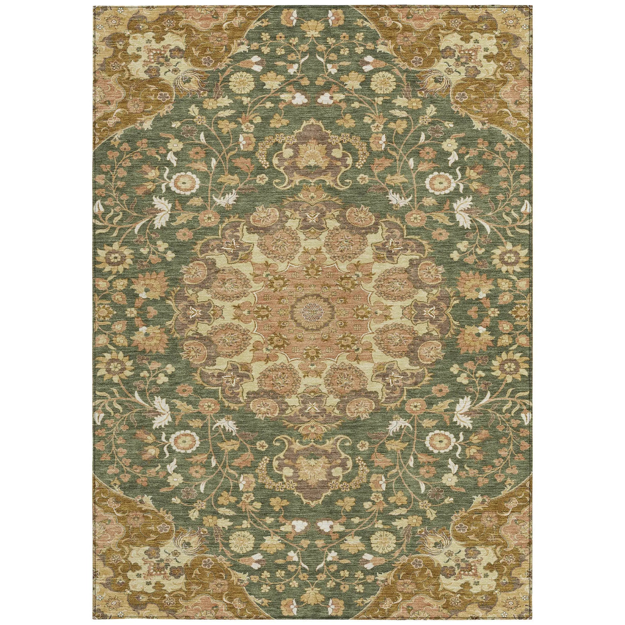 8' X 10' Olive Green And Green Damask Washable Indoor Outdoor Area Rug Homeroots Outdoor