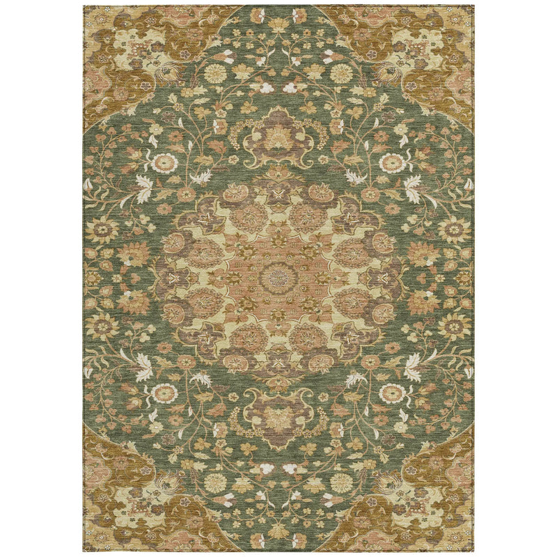 8' X 10' Olive Green And Green Damask Washable Indoor Outdoor Area Rug Homeroots Outdoor