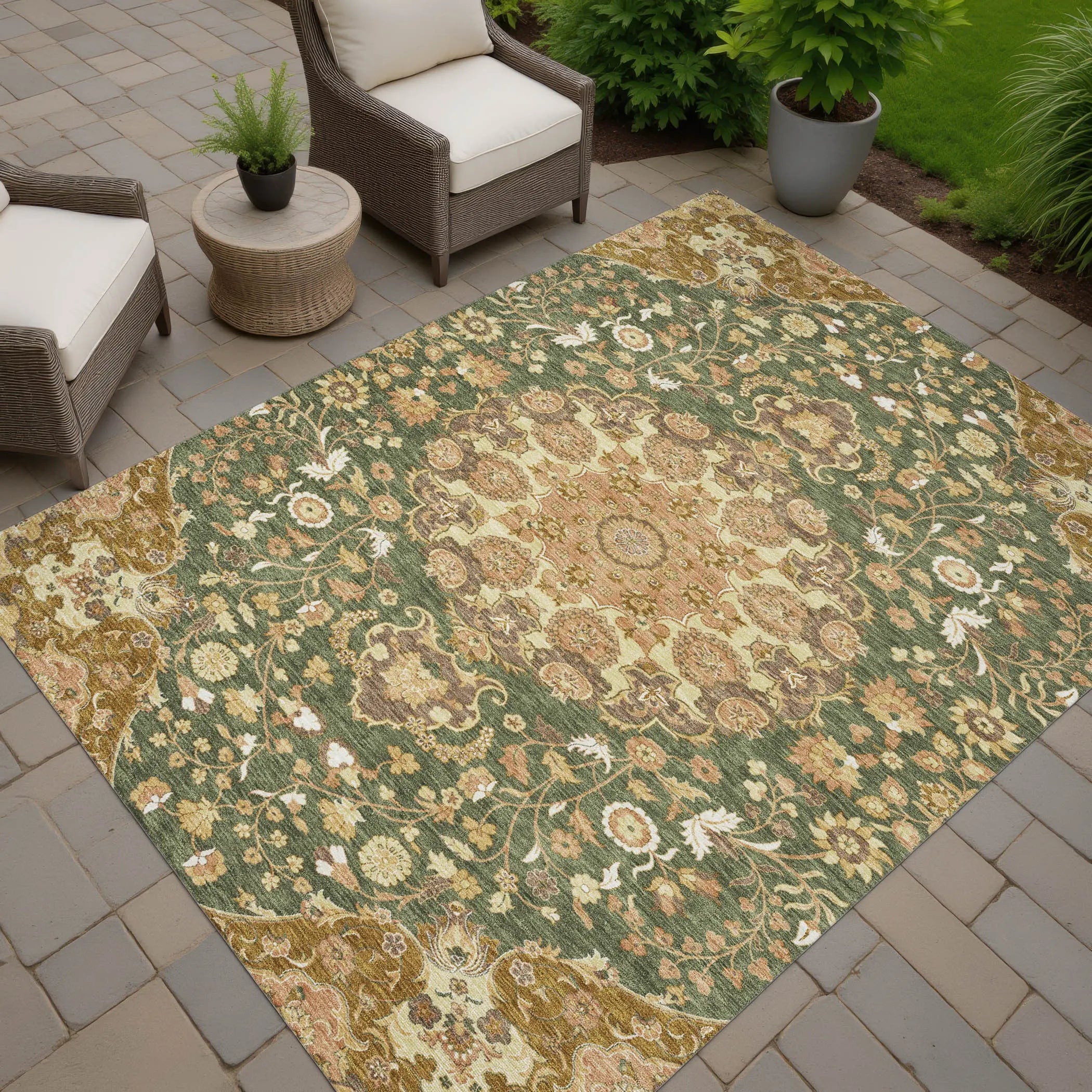 8' X 10' Olive Green And Green Damask Washable Indoor Outdoor Area Rug Homeroots Outdoor