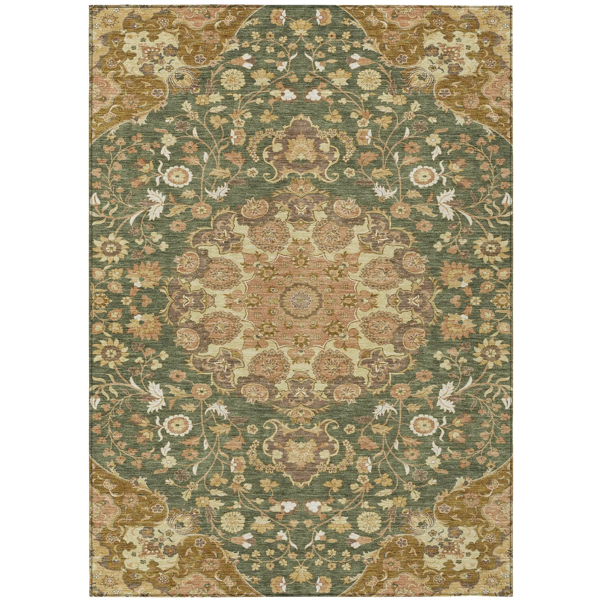 8' X 10' Olive Green And Green Damask Washable Indoor Outdoor Area Rug Homeroots Outdoor