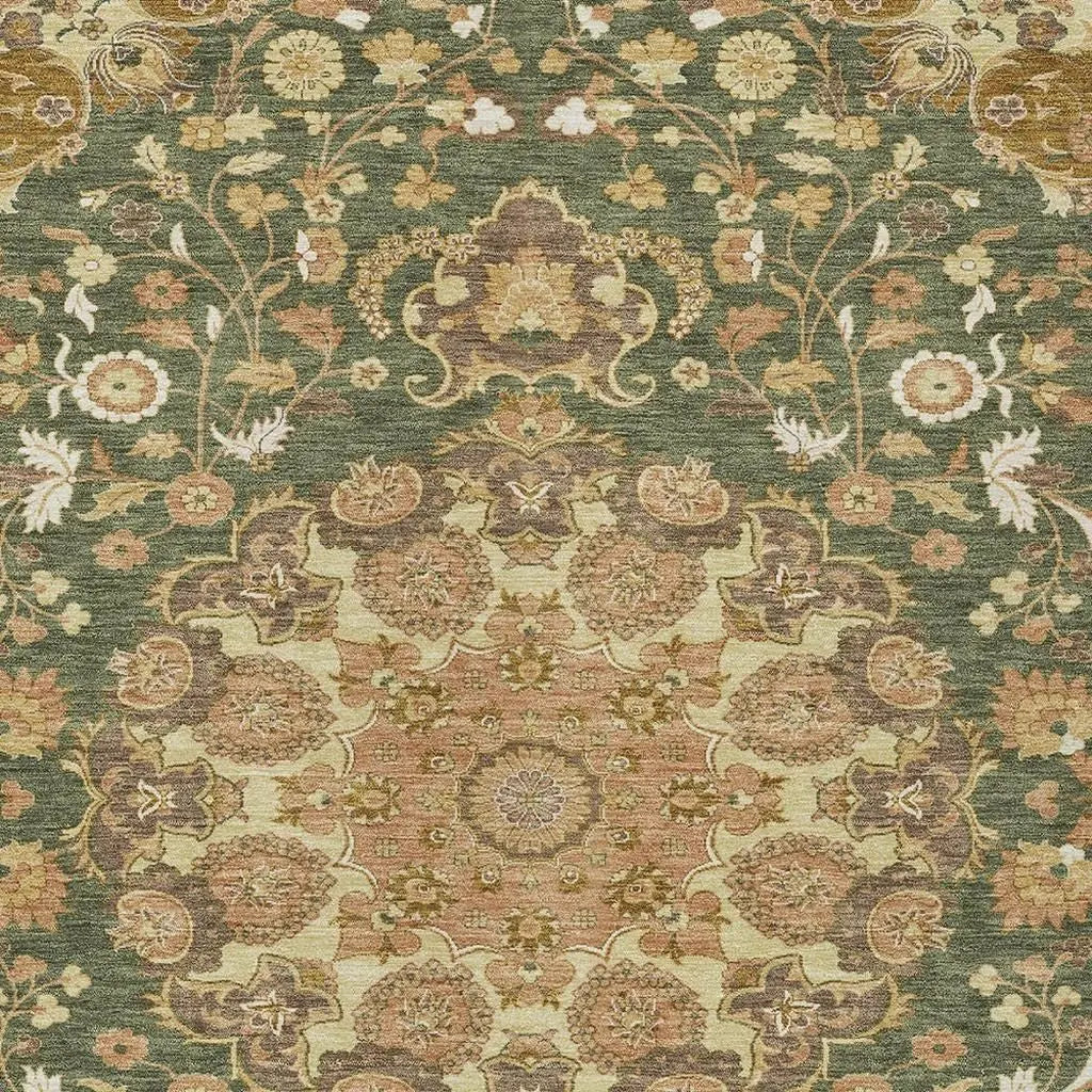 8' X 10' Olive Green And Green Damask Washable Indoor Outdoor Area Rug Homeroots Outdoor