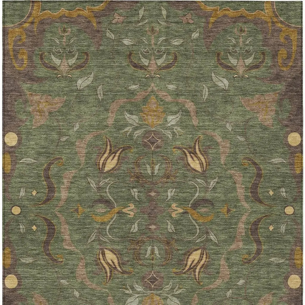 8' X 10' Olive Green And Green Damask Washable Indoor Outdoor Area Rug Homeroots Outdoor