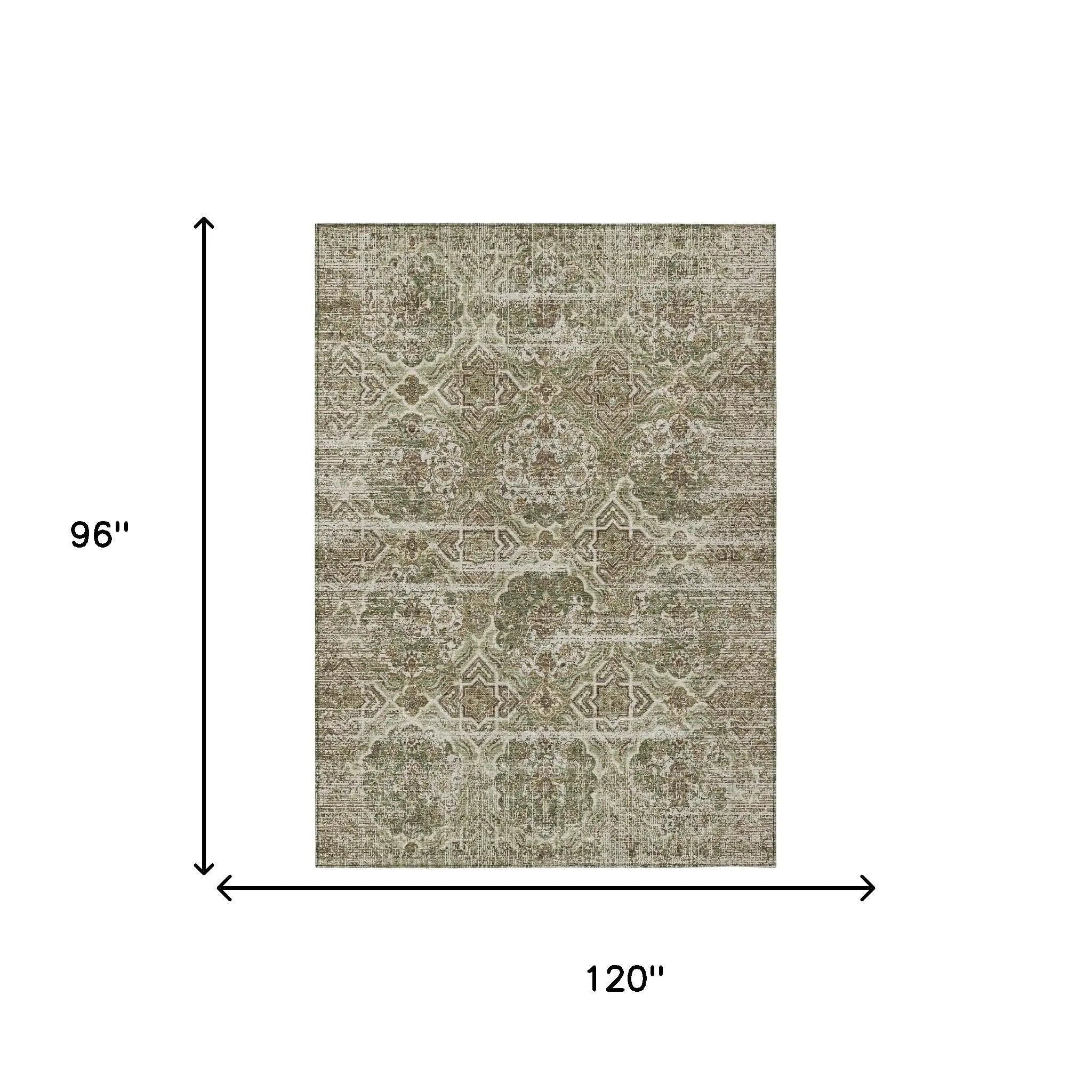 8' X 10' Olive Green And Green Floral Washable Indoor Outdoor Area Rug Homeroots Outdoor