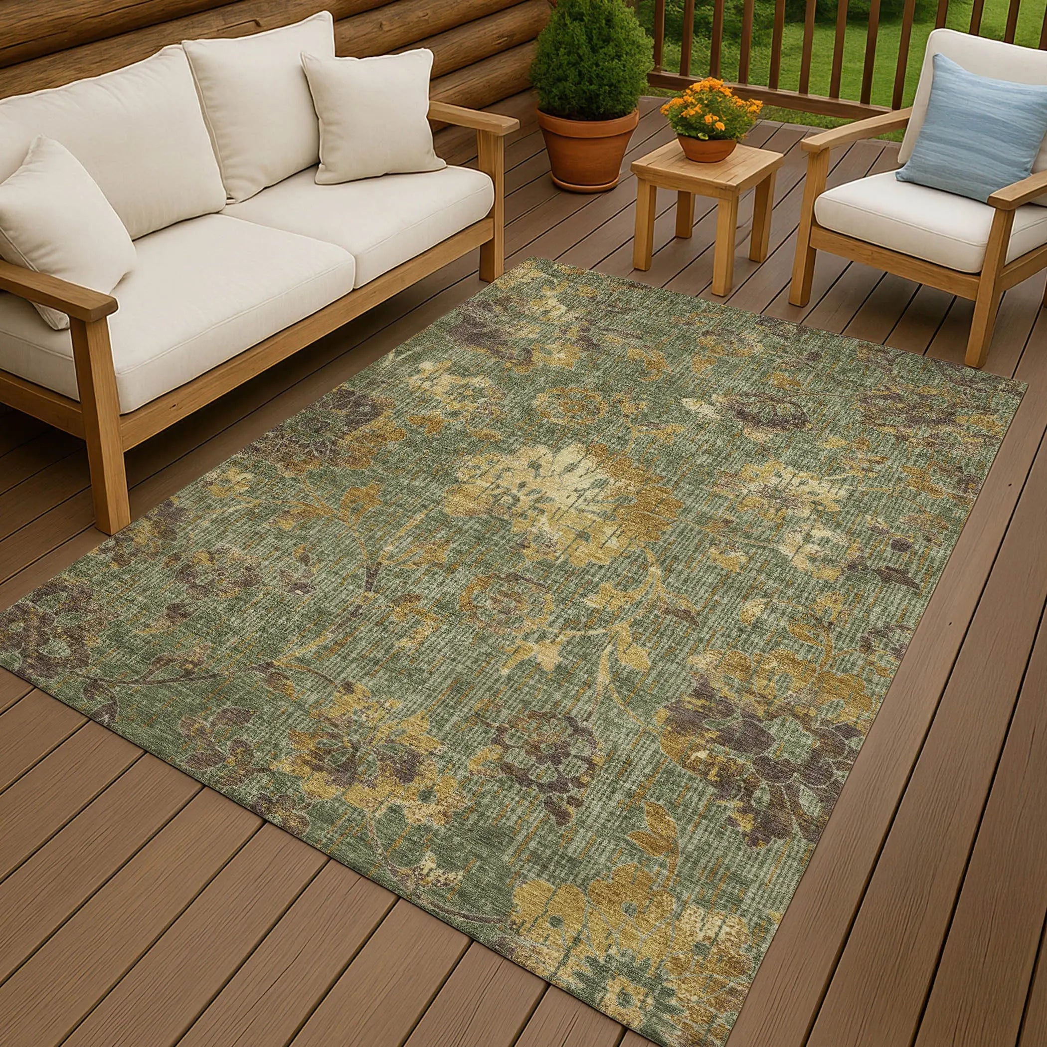 8' X 10' Olive Green And Green Floral Washable Indoor Outdoor Area Rug Homeroots Outdoor