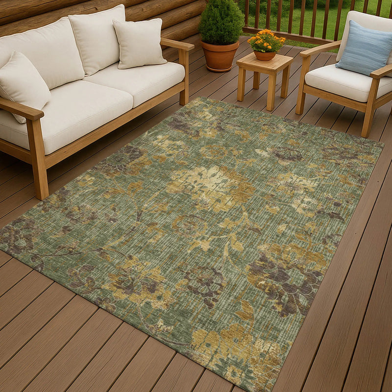 8' X 10' Olive Green And Green Floral Washable Indoor Outdoor Area Rug Homeroots Outdoor