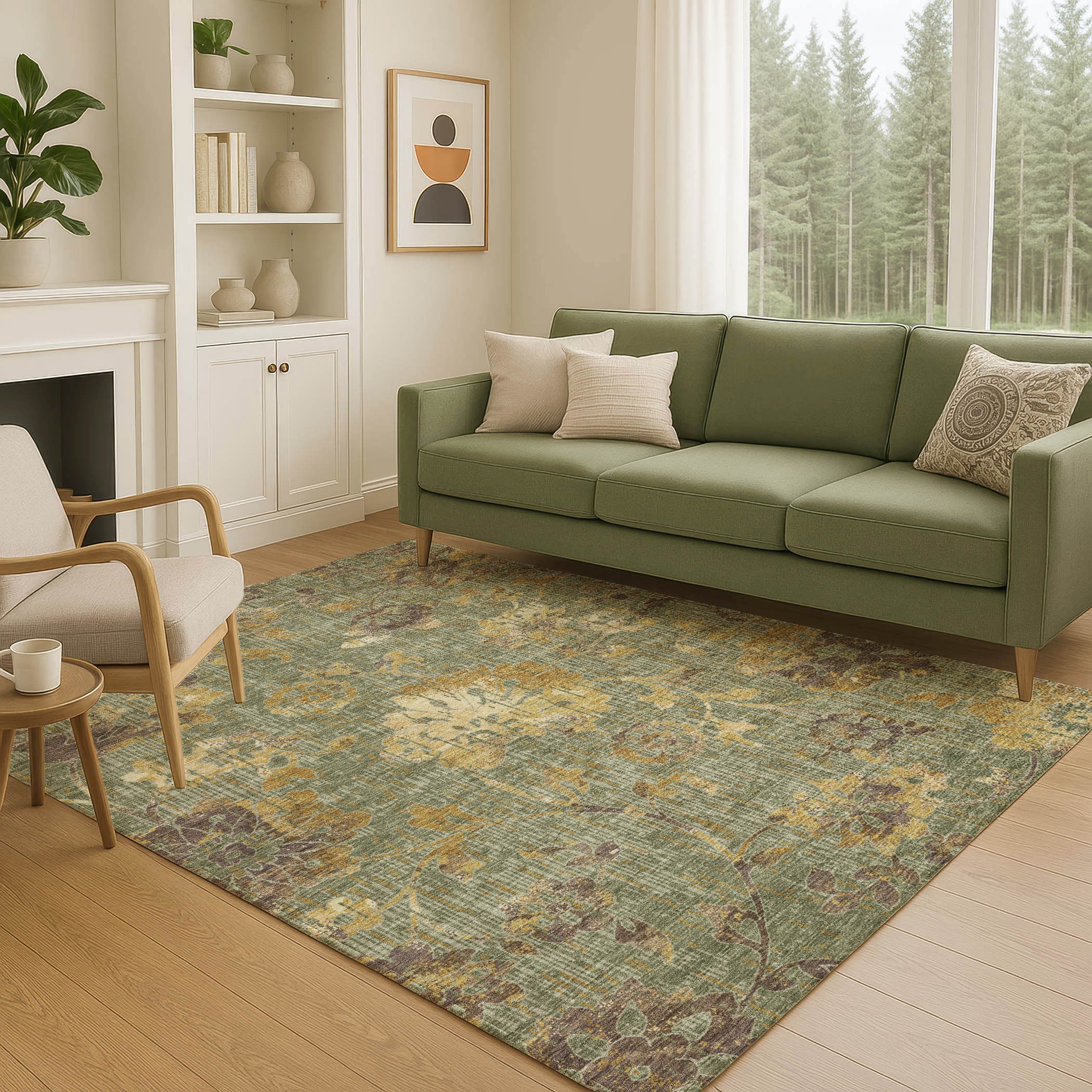 8' X 10' Olive Green And Green Floral Washable Indoor Outdoor Area Rug Homeroots Outdoor