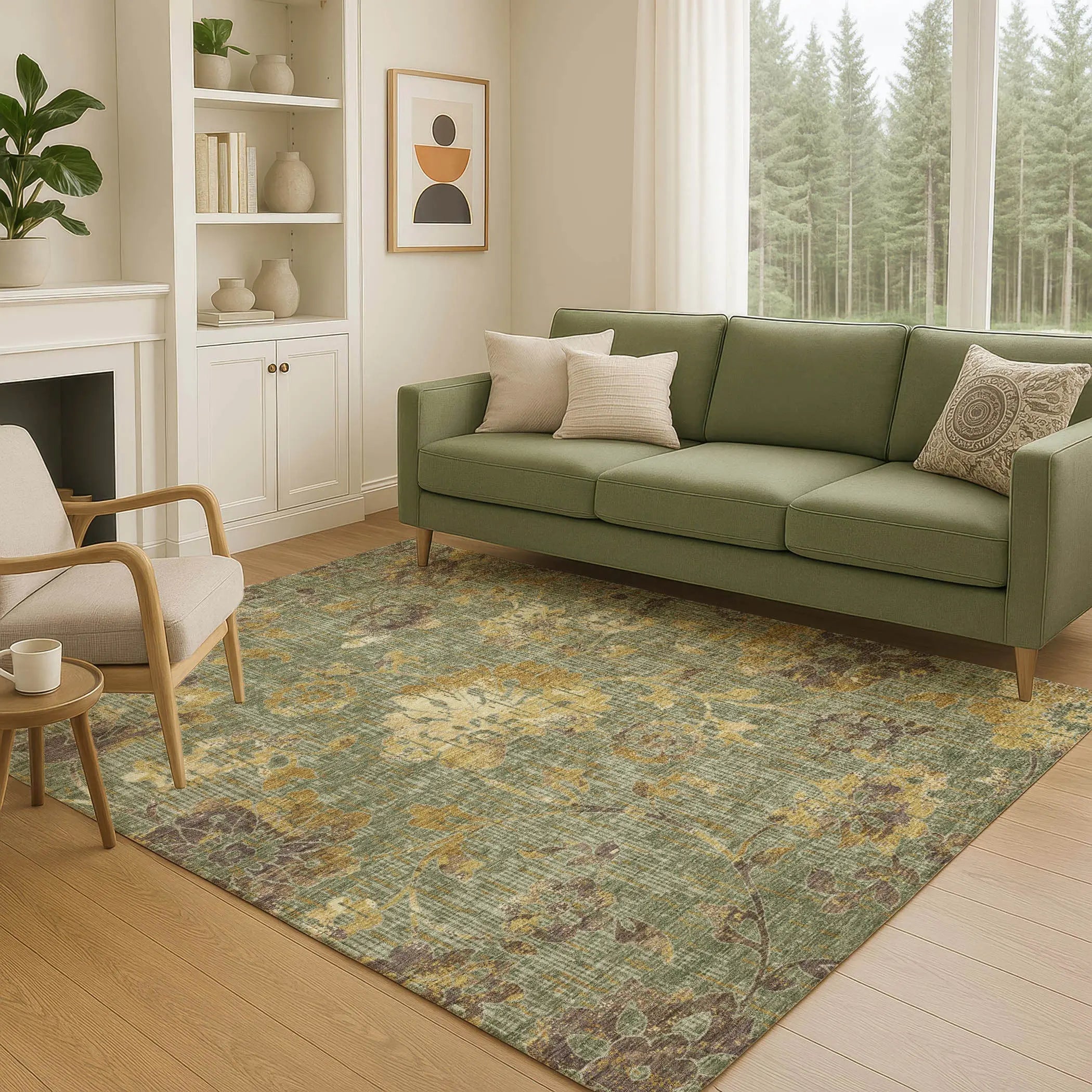 8' X 10' Olive Green And Green Floral Washable Indoor Outdoor Area Rug Homeroots Outdoor