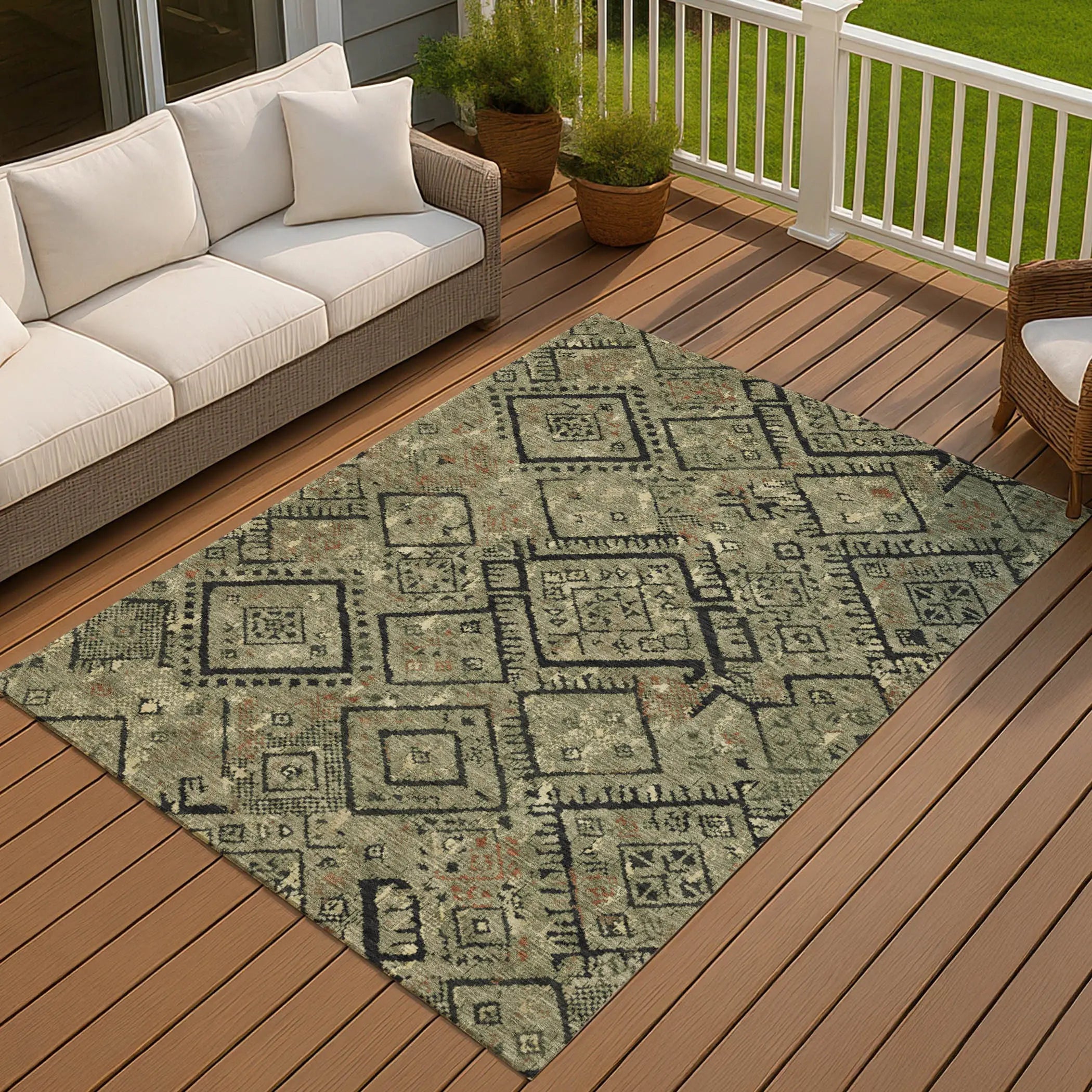 8' X 10' Olive Green And Green Geometric Washable Indoor Outdoor Area Rug Homeroots Outdoor