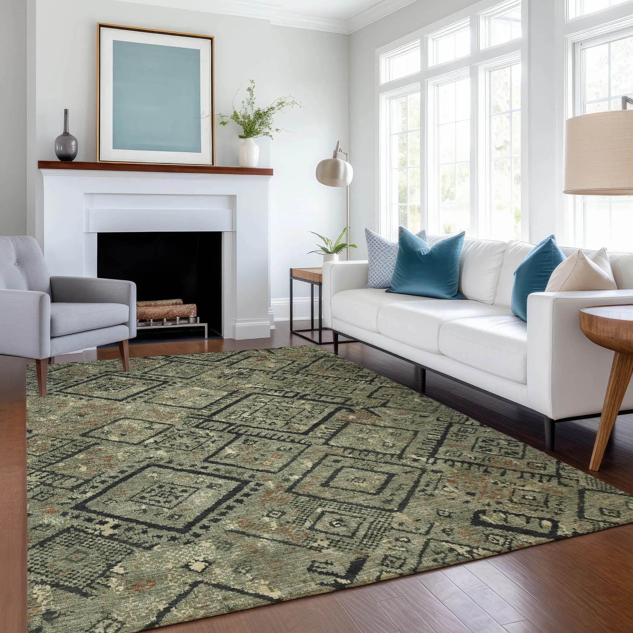 8' X 10' Olive Green And Green Geometric Washable Indoor Outdoor Area Rug Homeroots Outdoor