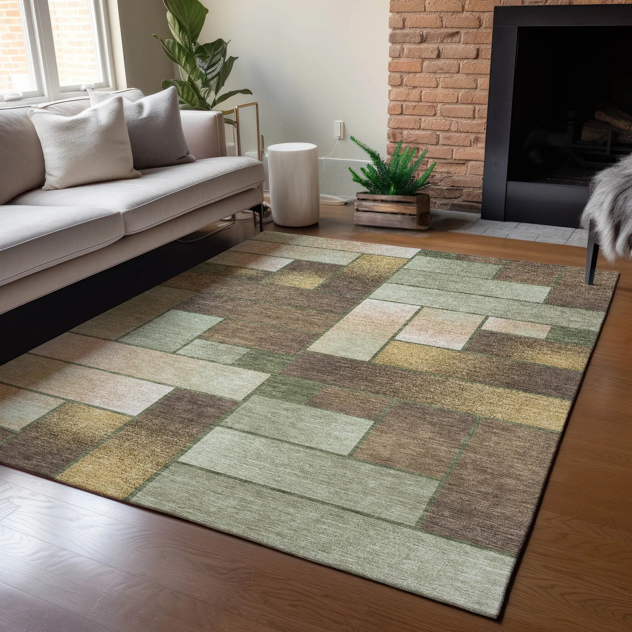 8' X 10' Olive Green And Green Geometric Washable Indoor Outdoor Area Rug Homeroots Outdoor