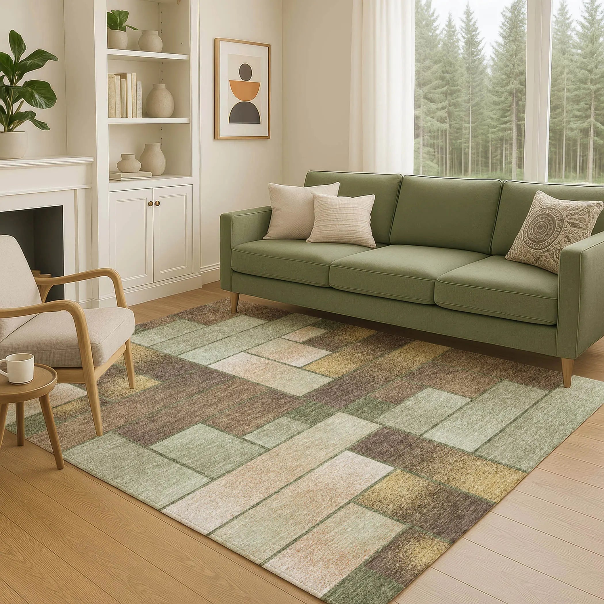 8' X 10' Olive Green And Green Geometric Washable Indoor Outdoor Area Rug Homeroots Outdoor