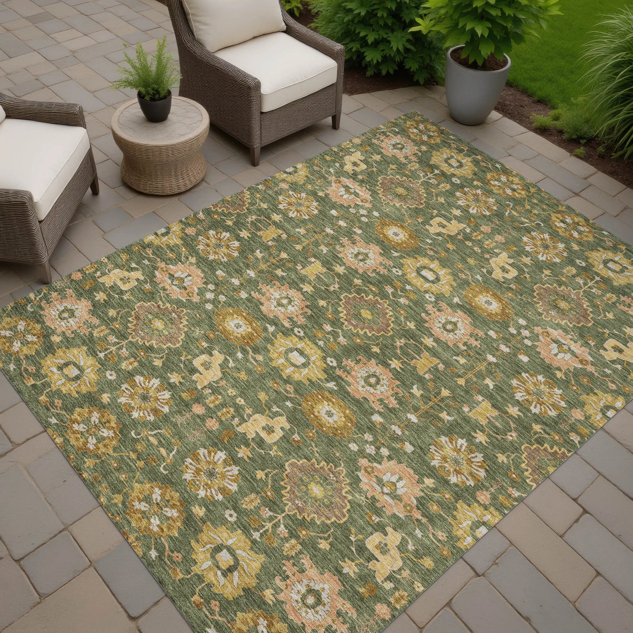 8' X 10' Olive Green And Green Geometric Washable Indoor Outdoor Area Rug Homeroots Outdoor