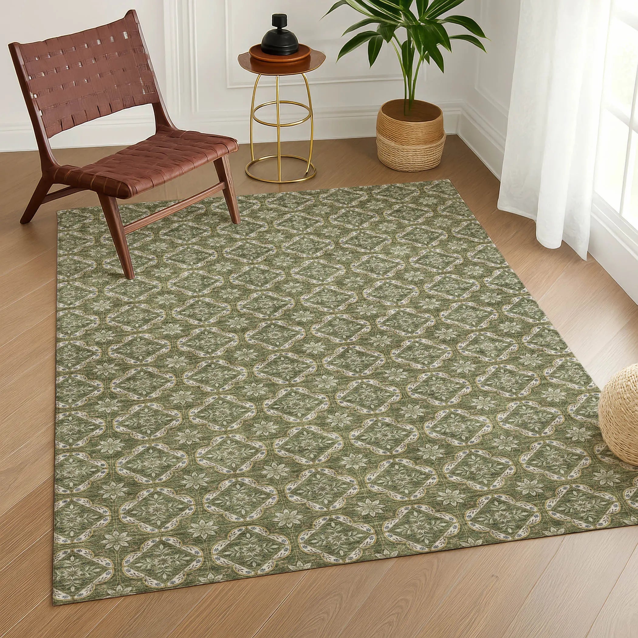8' X 10' Olive Green And Green Geometric Washable Indoor Outdoor Area Rug Homeroots Outdoor