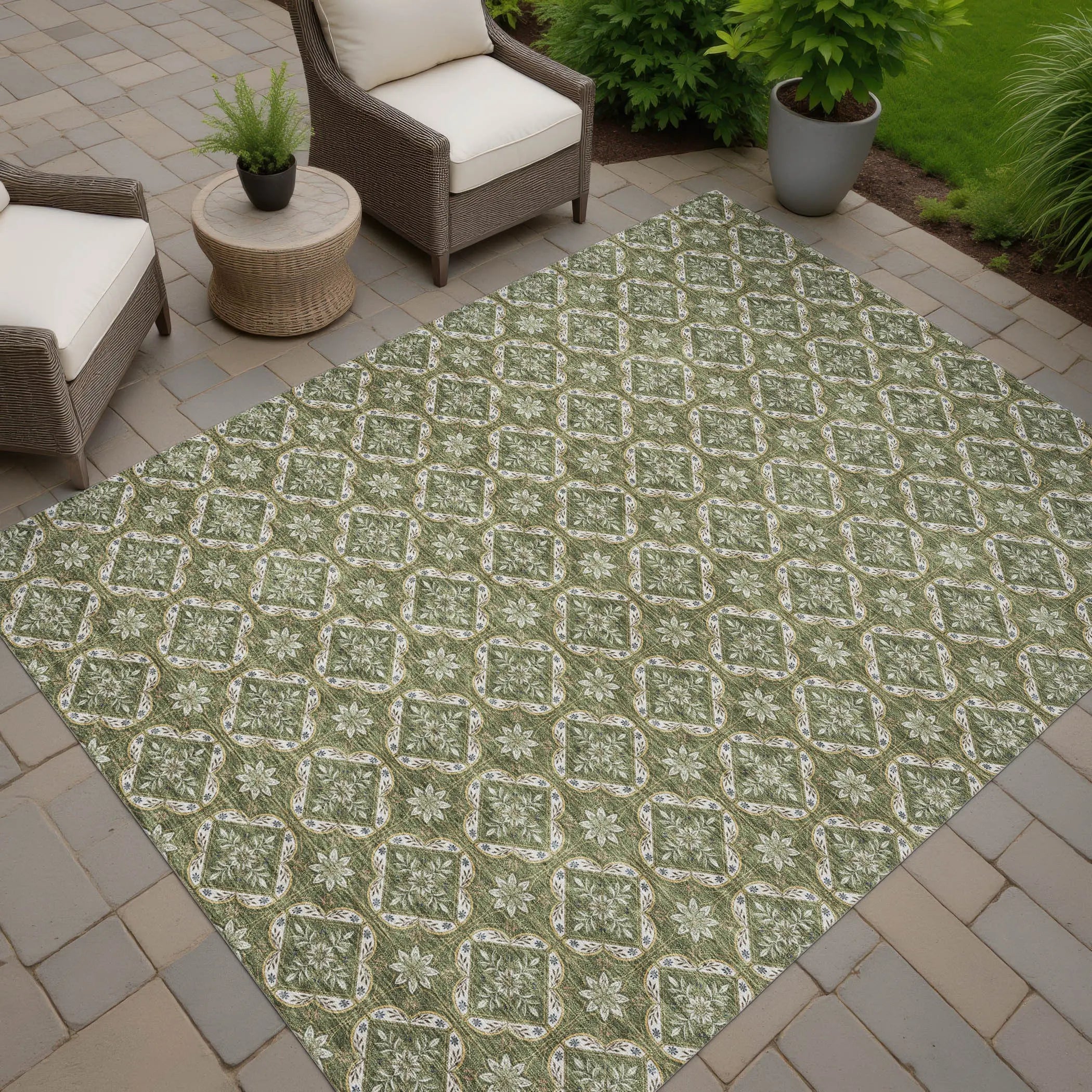 8' X 10' Olive Green And Green Geometric Washable Indoor Outdoor Area Rug Homeroots Outdoor