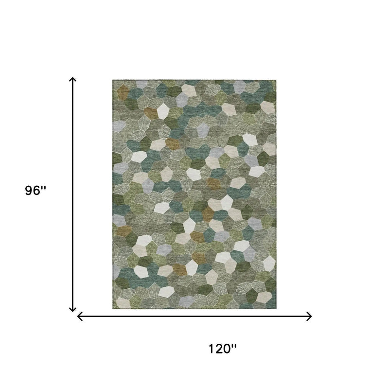 8' X 10' Olive Green And Green Geometric Washable Indoor Outdoor Area Rug Homeroots Outdoor