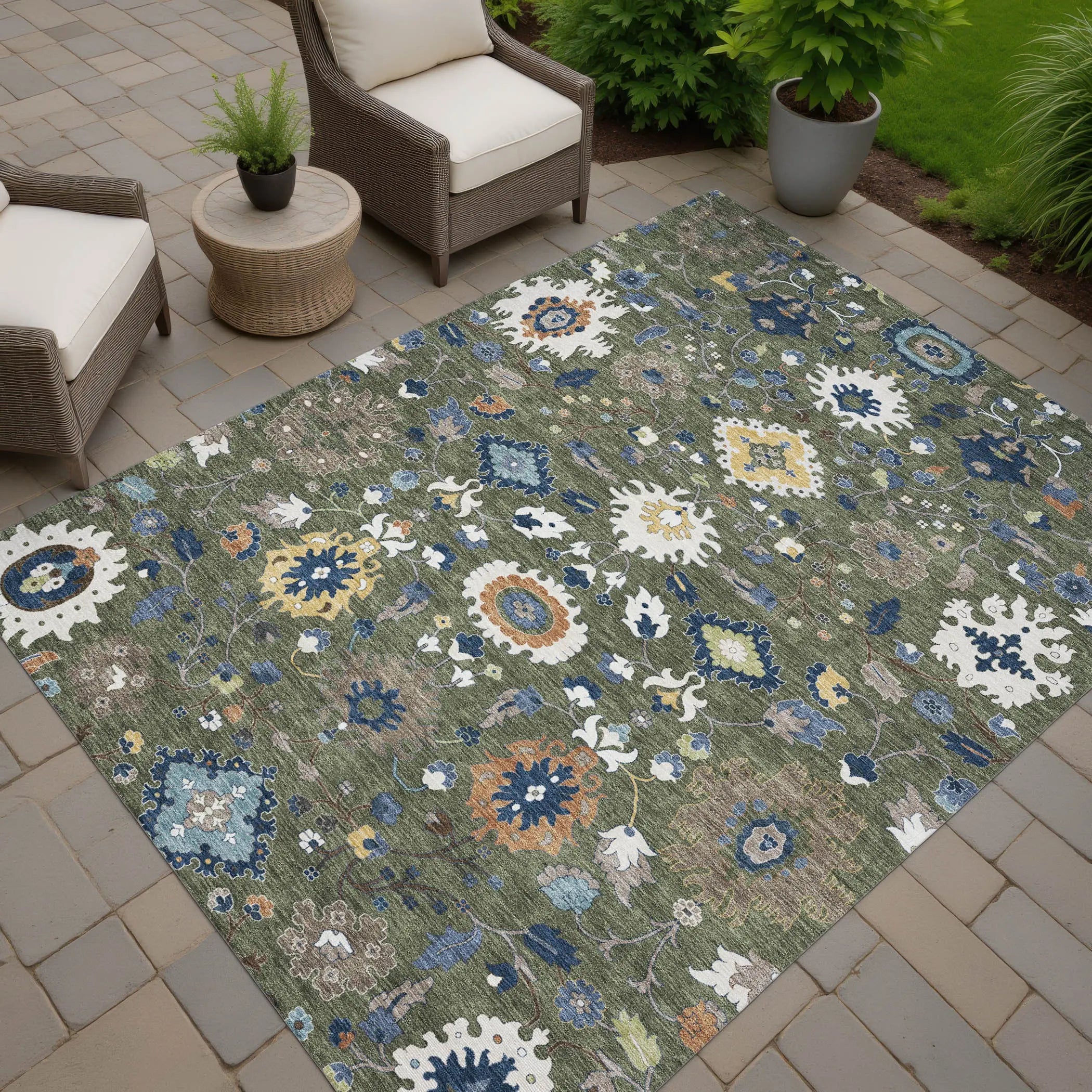 8' X 10' Olive Green And Ivory Floral Medallion Washable Indoor Outdoor Area Rug Homeroots Outdoor