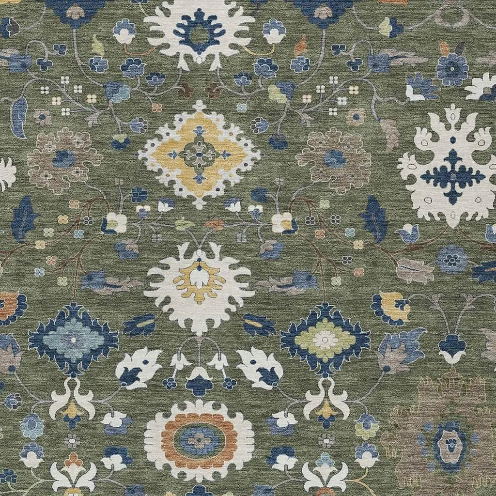 8' X 10' Olive Green And Ivory Floral Medallion Washable Indoor Outdoor Area Rug Homeroots Outdoor