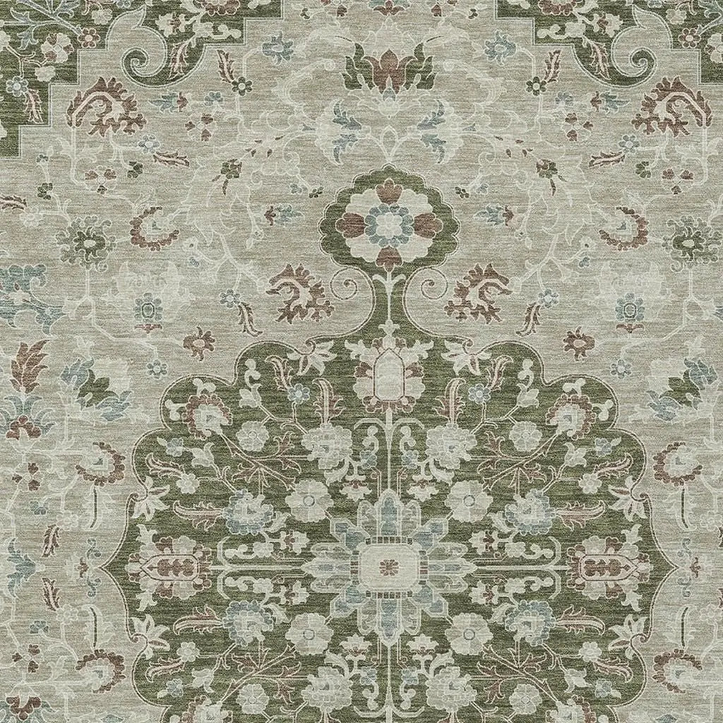 8' X 10' Olive Green And Sage Floral Medallion Washable Indoor Outdoor Area Rug Homeroots Outdoor