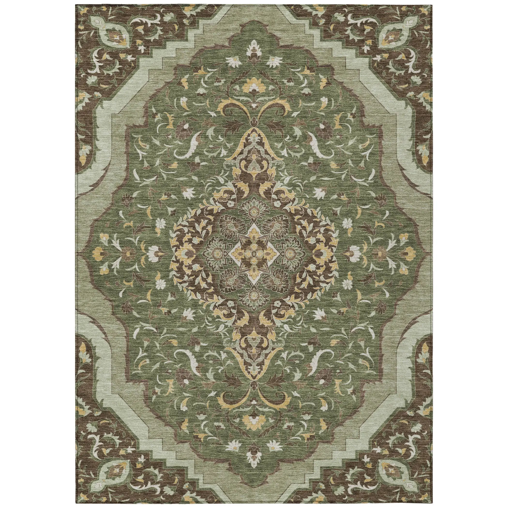8' X 10' Olive Green And Taupe Medallion Washable Indoor Outdoor Area Rug Homeroots Outdoor