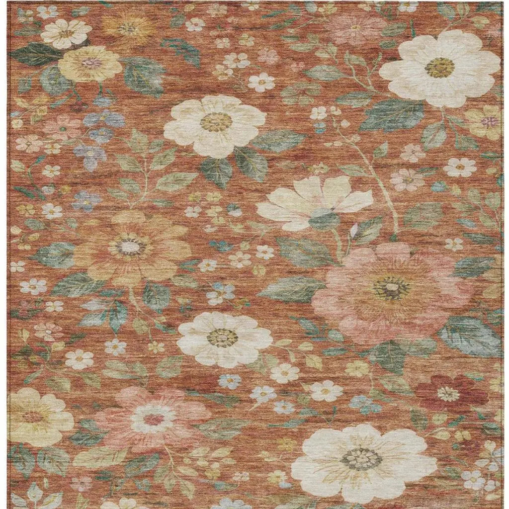 8' X 10' Orange And Beige Floral Washable Indoor Outdoor Area Rug Homeroots Outdoor