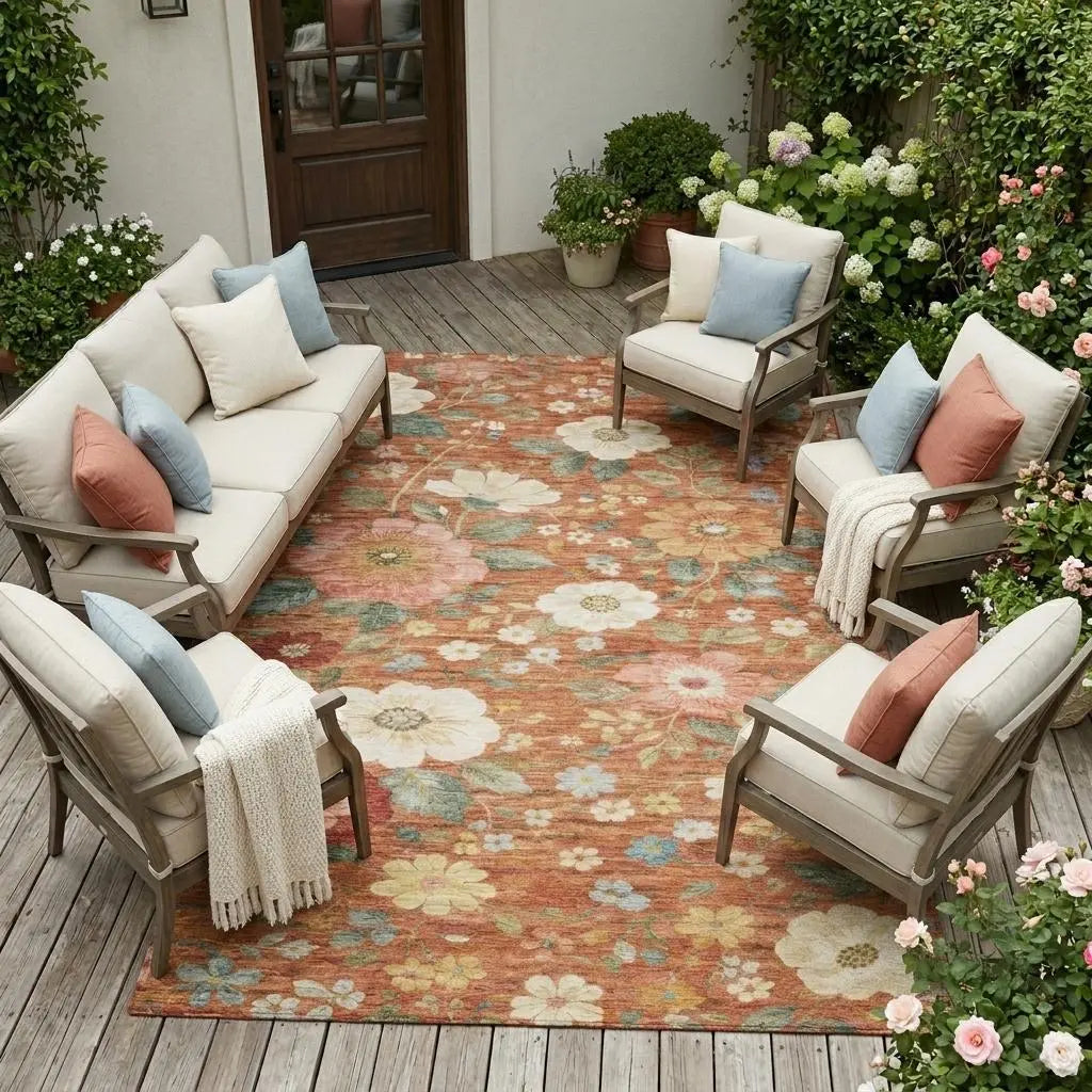 8' X 10' Orange And Beige Floral Washable Indoor Outdoor Area Rug Homeroots Outdoor