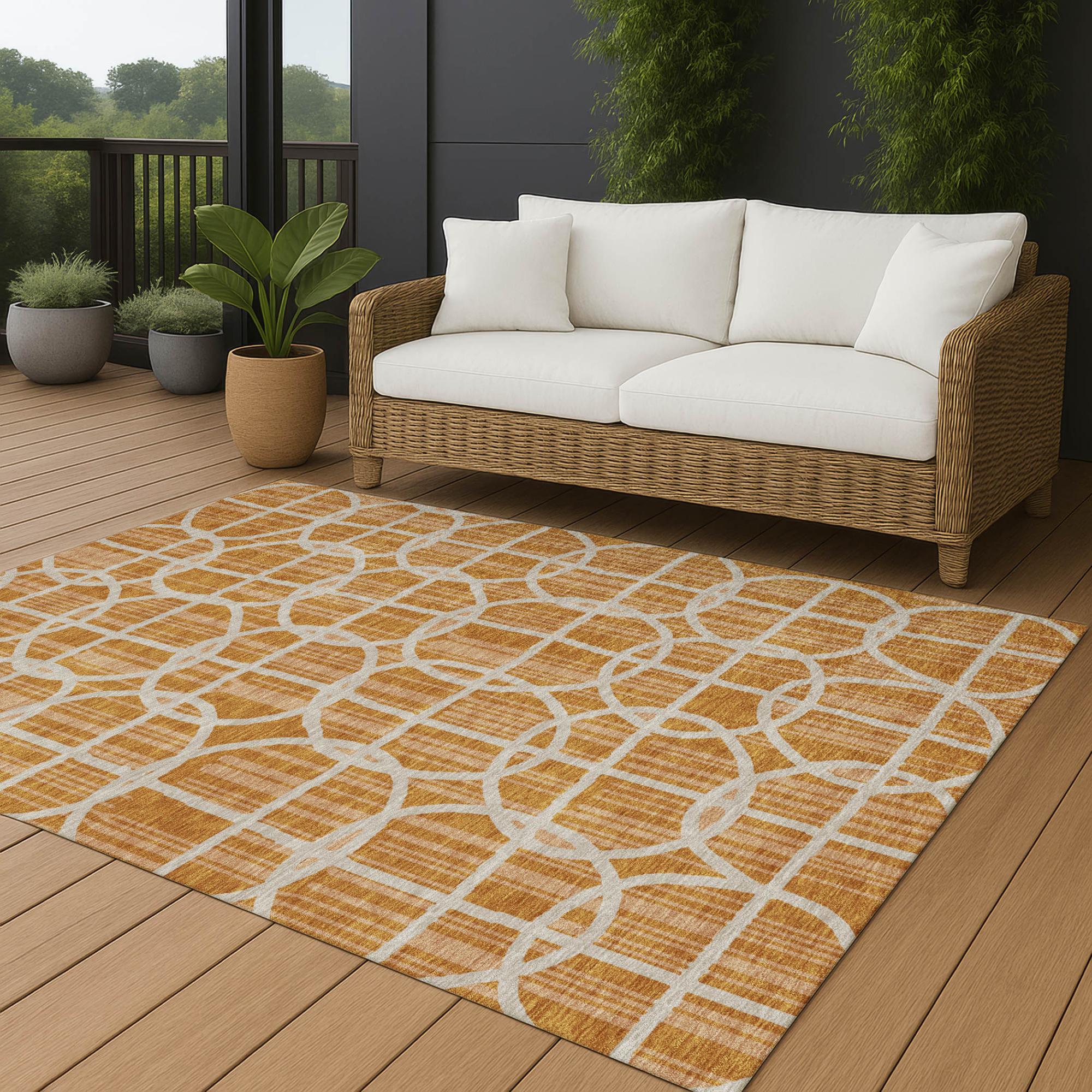 8' X 10' Orange And Beige Geometric Washable Indoor Outdoor Area Rug Homeroots Outdoor