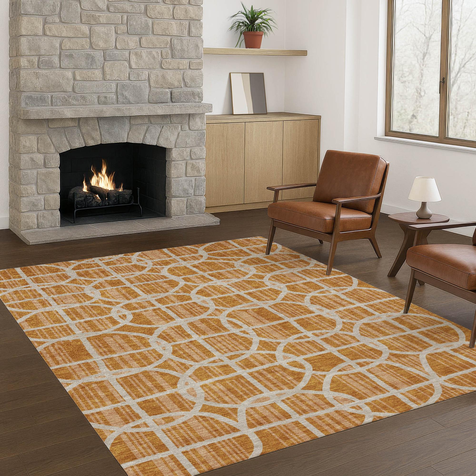 8' X 10' Orange And Beige Geometric Washable Indoor Outdoor Area Rug Homeroots Outdoor