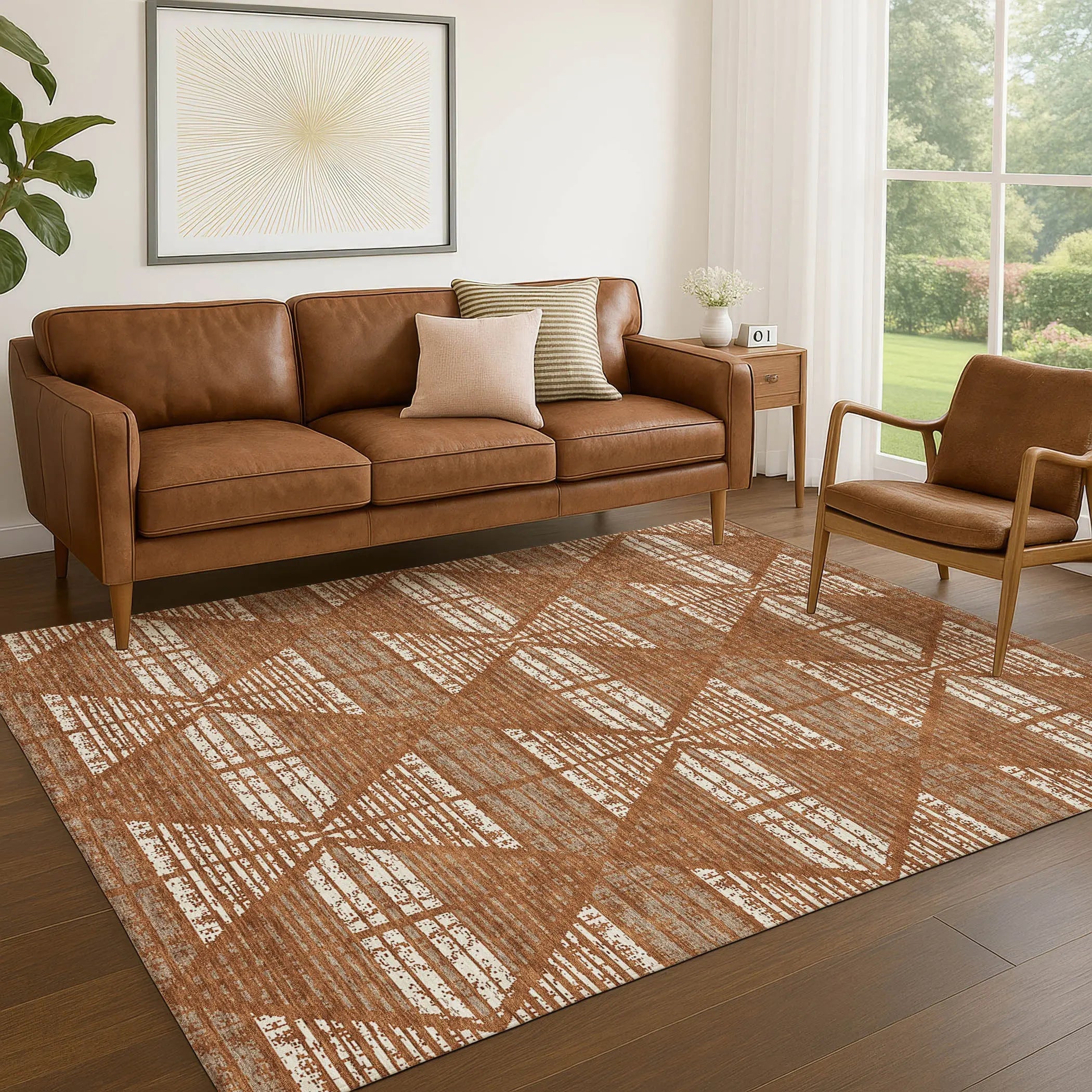8' X 10' Orange And Beige Geometric Washable Indoor Outdoor Area Rug Homeroots Outdoor
