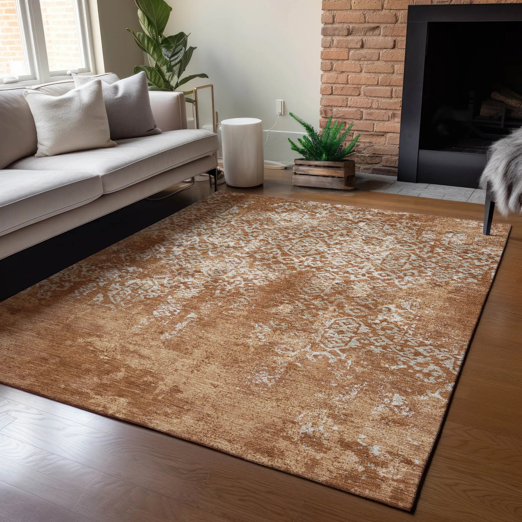 8' X 10' Orange And Beige Oriental Washable Indoor Outdoor Area Rug Homeroots Outdoor