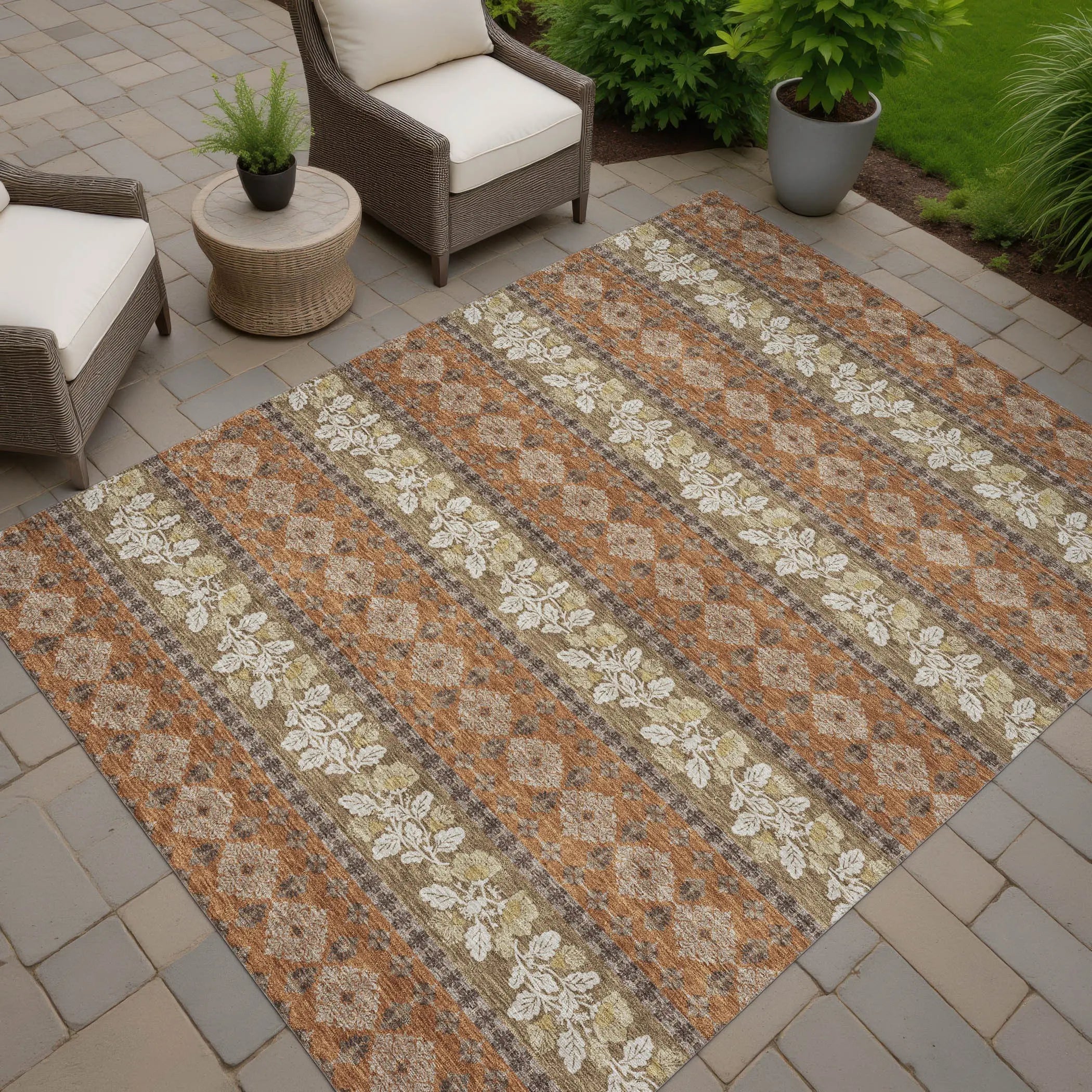 8' X 10' Orange And Beige Striped Washable Indoor Outdoor Area Rug Homeroots Outdoor