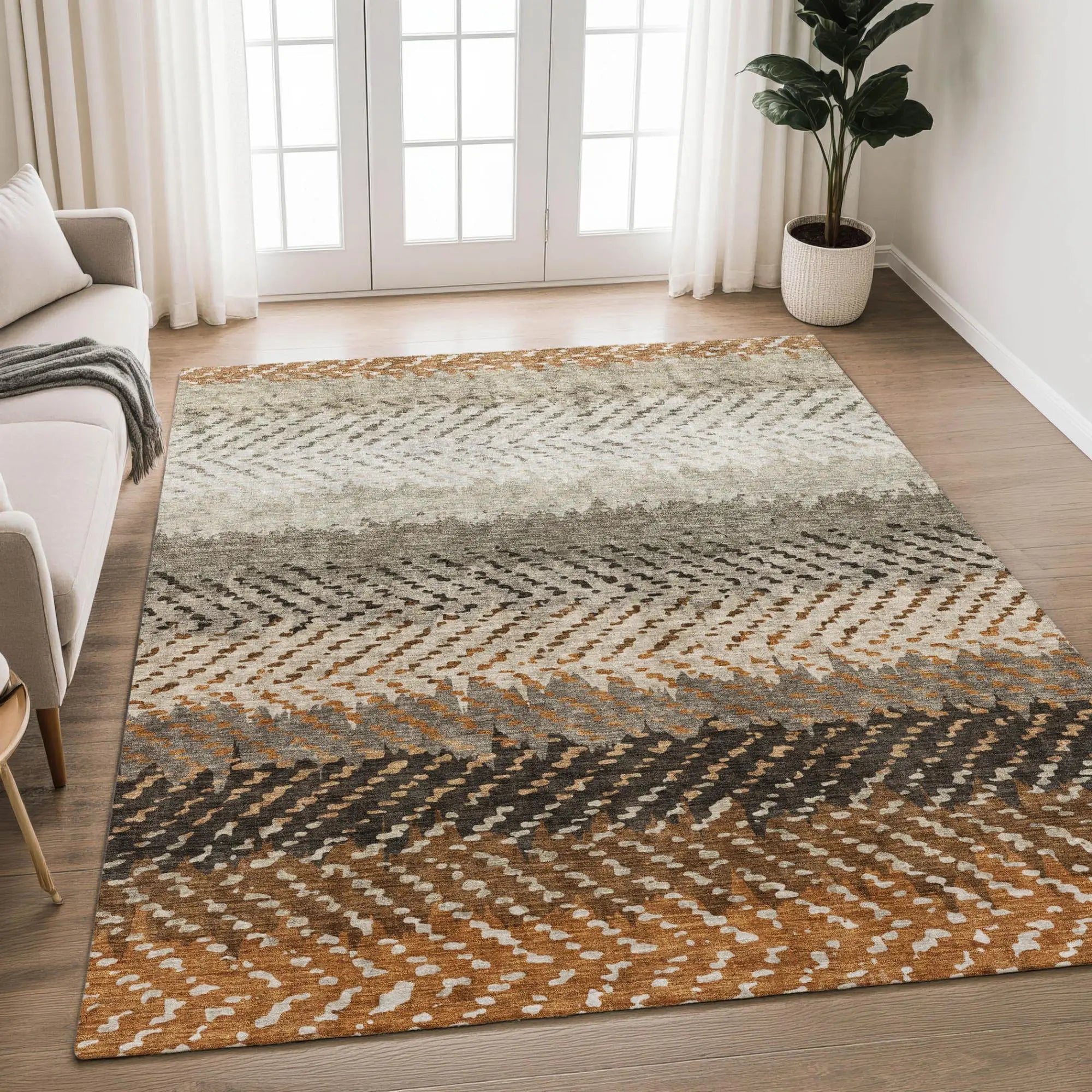 8' X 10' Orange And Beige Striped Washable Indoor Outdoor Area Rug Homeroots Outdoor
