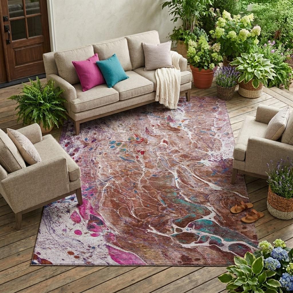 8' X 10' Orange And Blush Abstract Washable Indoor Outdoor Area Rug Homeroots Outdoor