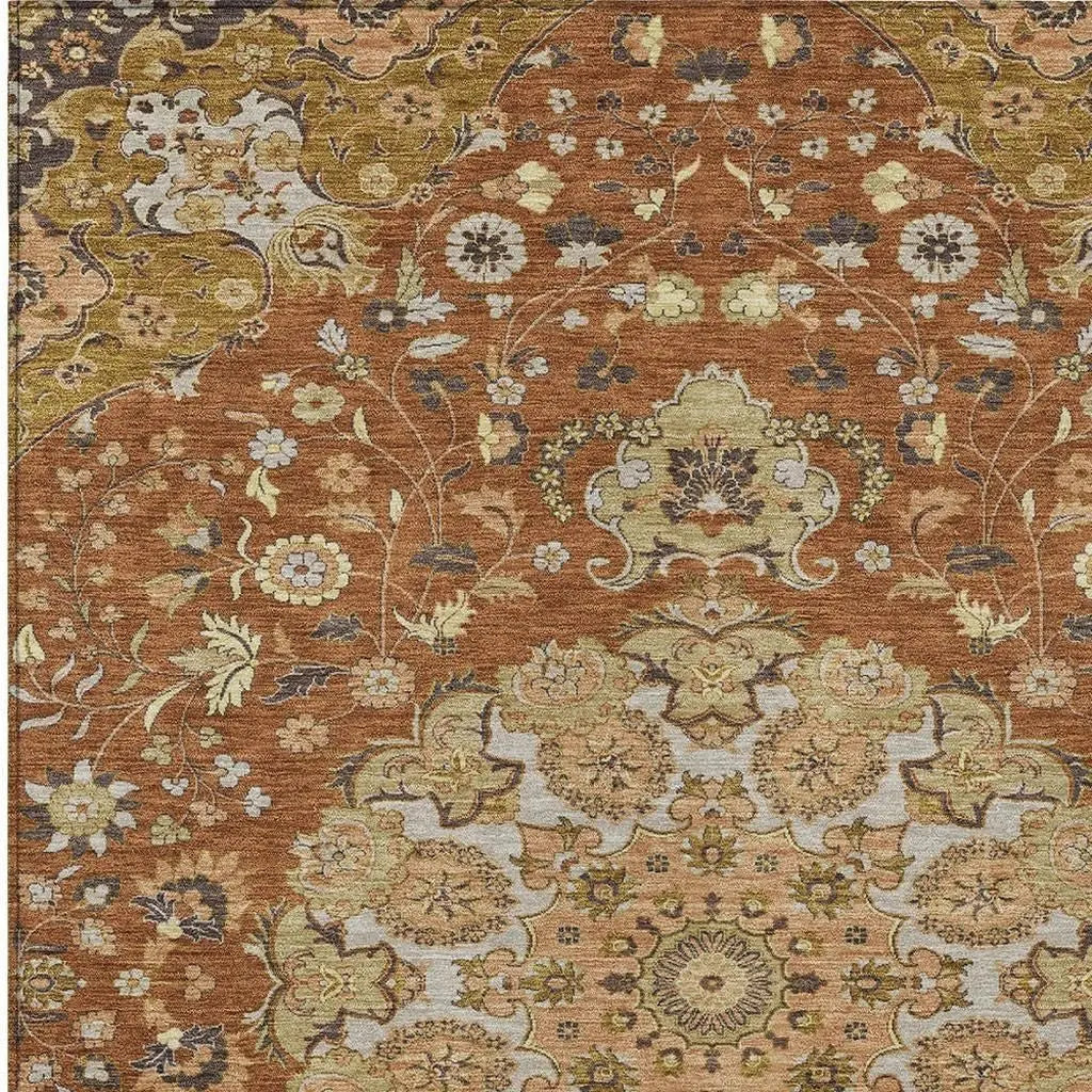 8' X 10' Orange And Brown Damask Washable Indoor Outdoor Area Rug Homeroots Outdoor
