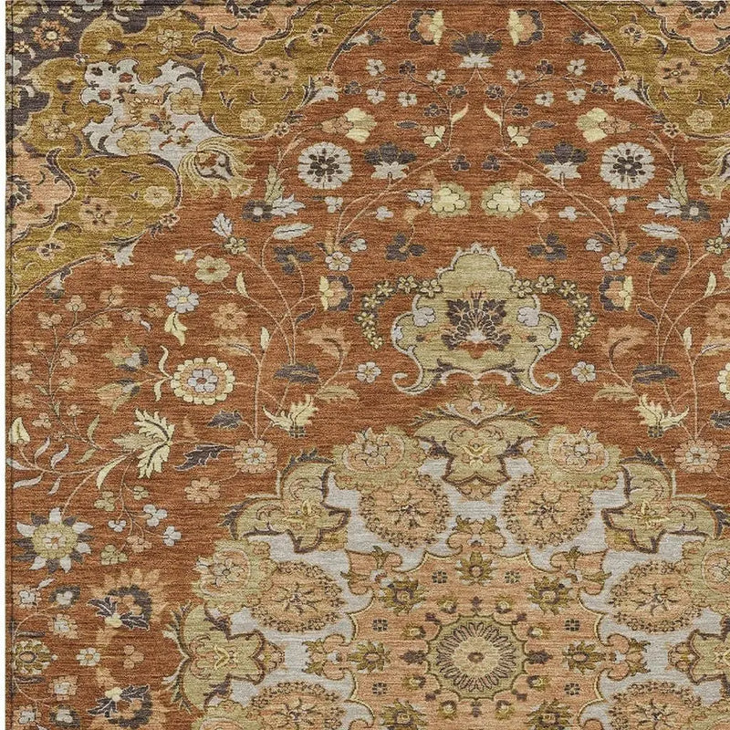 8' X 10' Orange And Brown Damask Washable Indoor Outdoor Area Rug Homeroots Outdoor