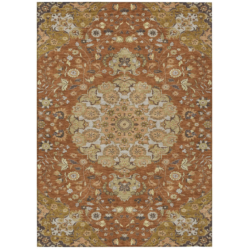 8' X 10' Orange And Brown Damask Washable Indoor Outdoor Area Rug Homeroots Outdoor