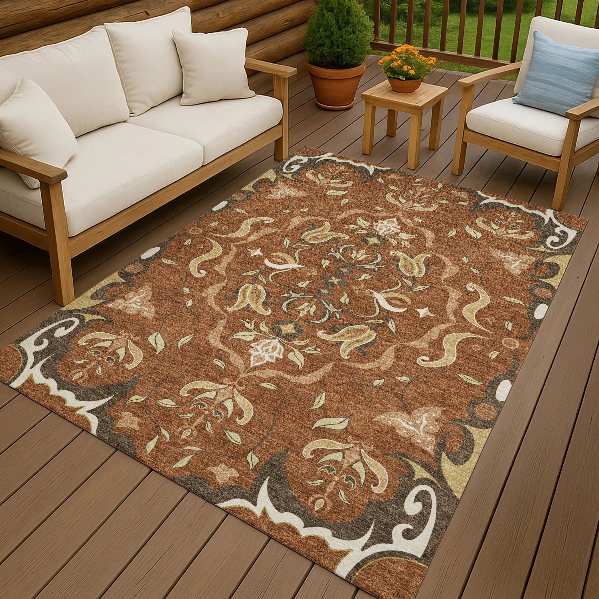 8' X 10' Orange And Brown Damask Washable Indoor Outdoor Area Rug Homeroots Outdoor