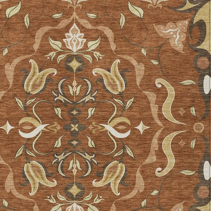 8' X 10' Orange And Brown Damask Washable Indoor Outdoor Area Rug Homeroots Outdoor