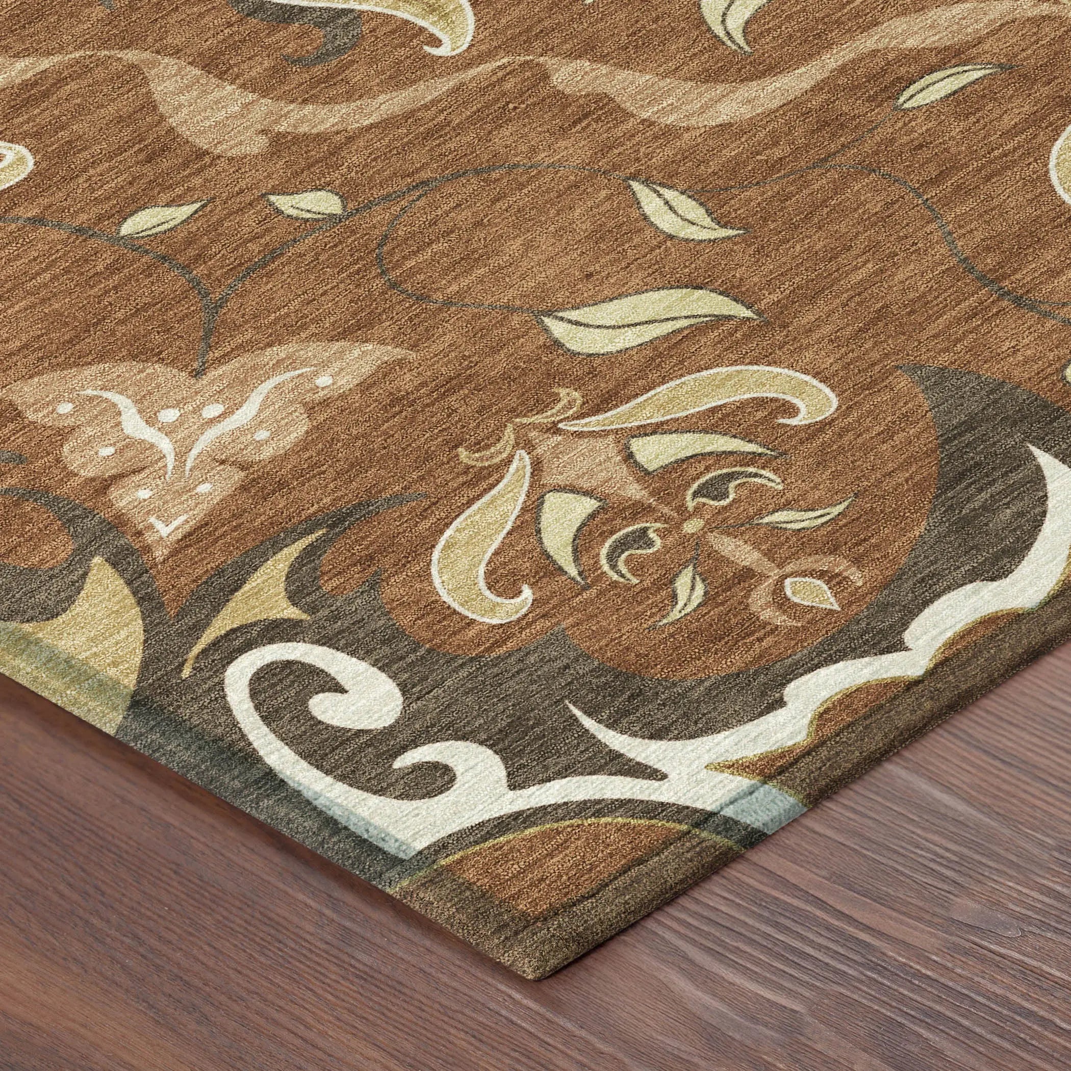 8' X 10' Orange And Brown Damask Washable Indoor Outdoor Area Rug Homeroots Outdoor