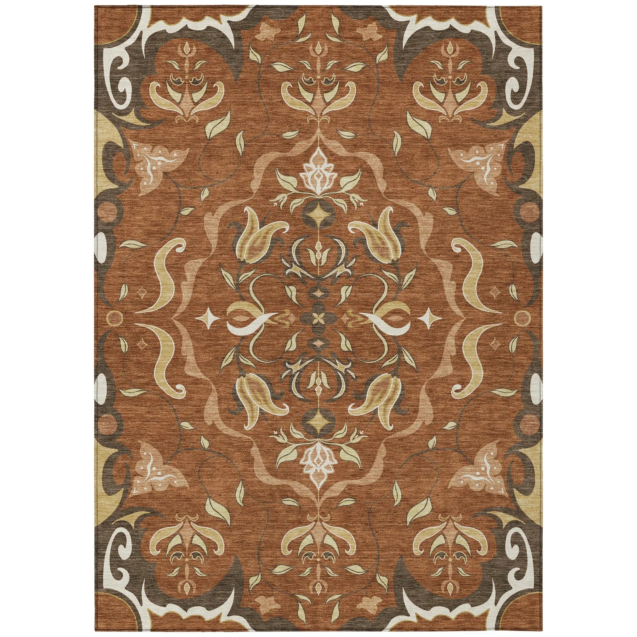 8' X 10' Orange And Brown Damask Washable Indoor Outdoor Area Rug Homeroots Outdoor