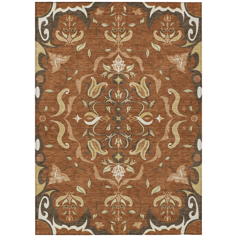 8' X 10' Orange And Brown Damask Washable Indoor Outdoor Area Rug Homeroots Outdoor