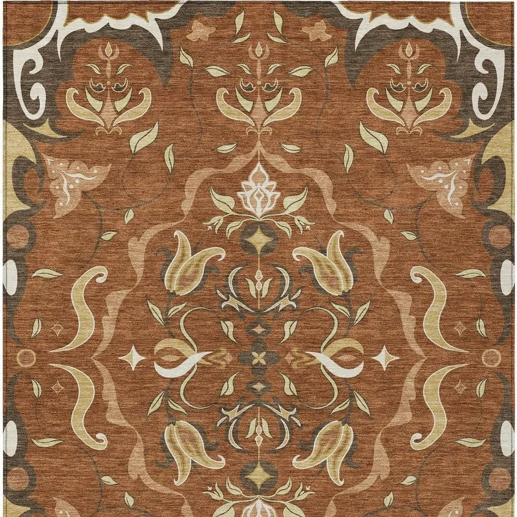 8' X 10' Orange And Brown Damask Washable Indoor Outdoor Area Rug Homeroots Outdoor