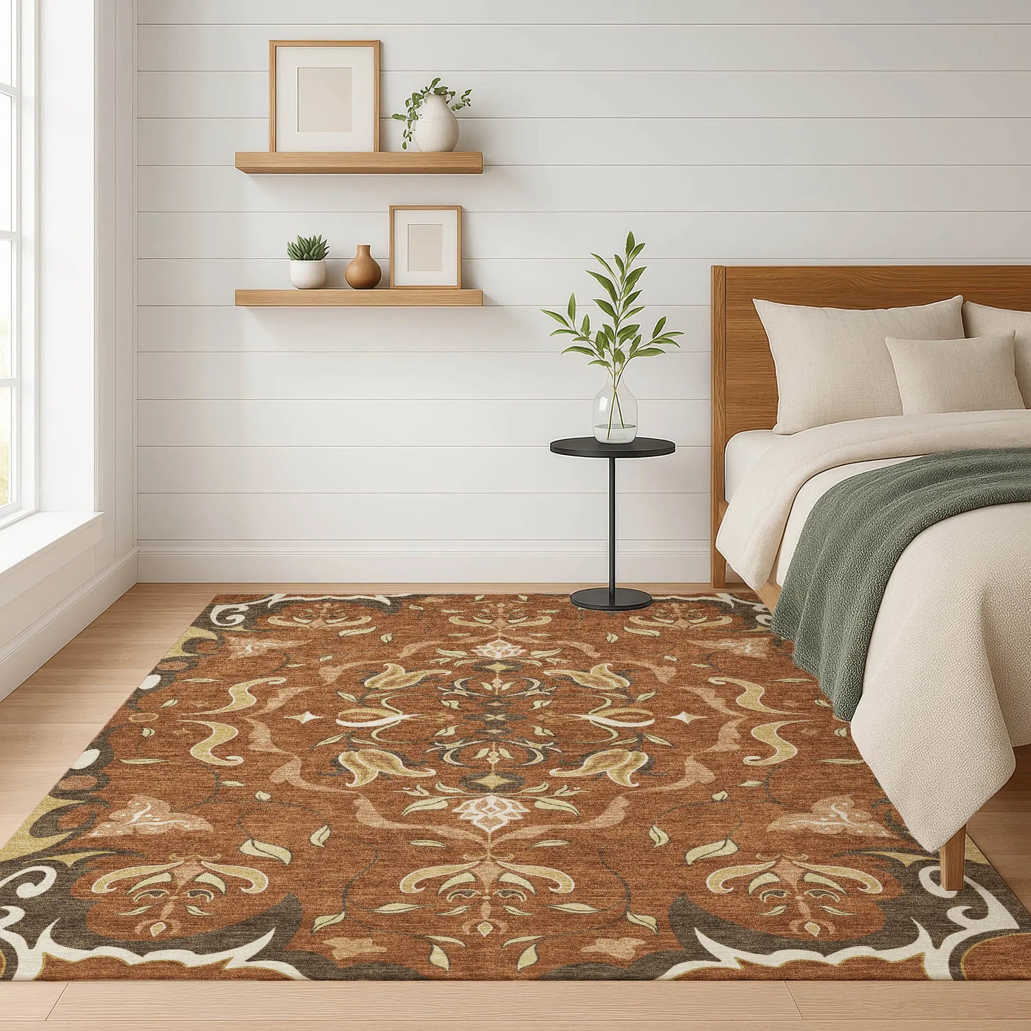 8' X 10' Orange And Brown Damask Washable Indoor Outdoor Area Rug Homeroots Outdoor