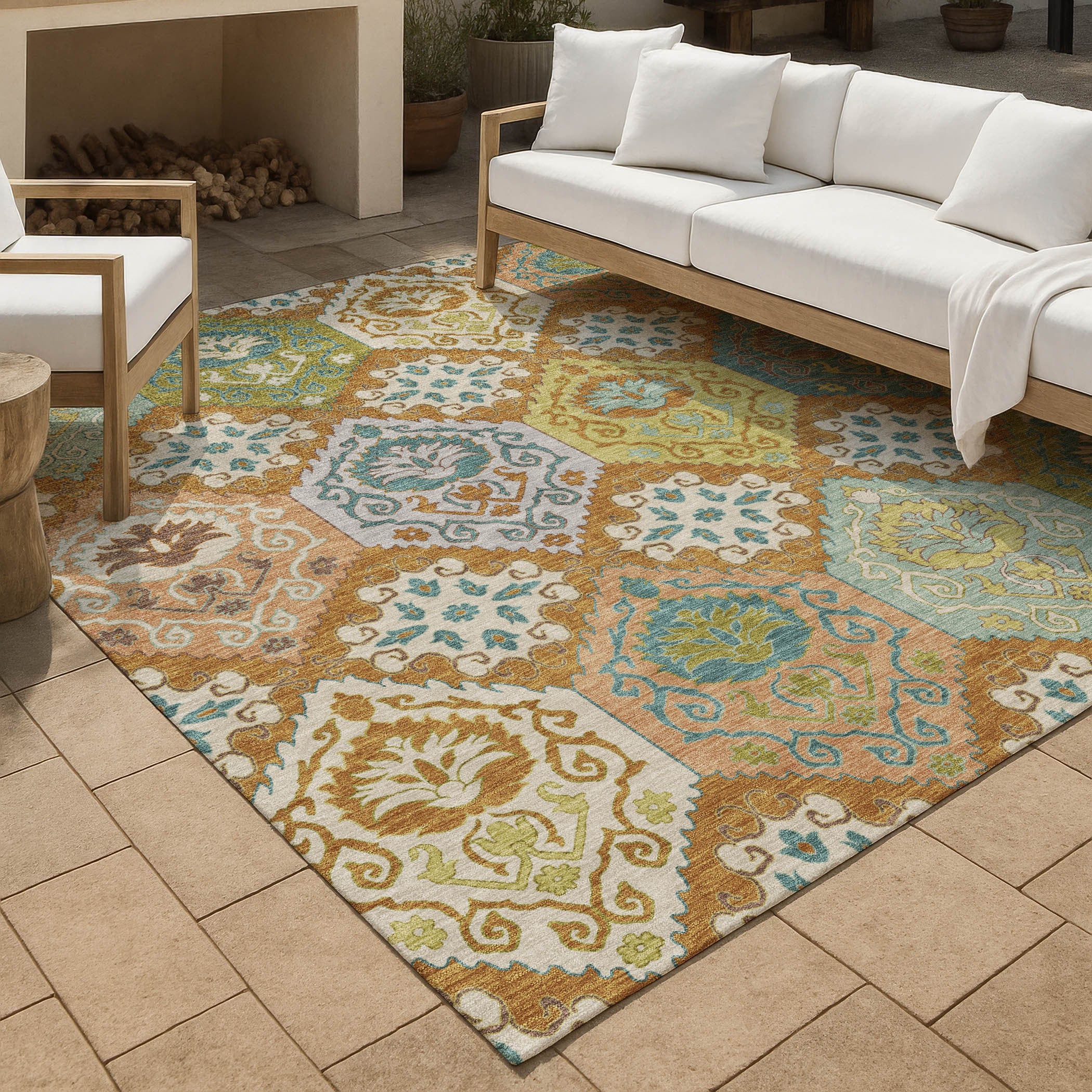 8' X 10' Orange And Brown Geometric Washable Indoor Outdoor Area Rug Homeroots Outdoor