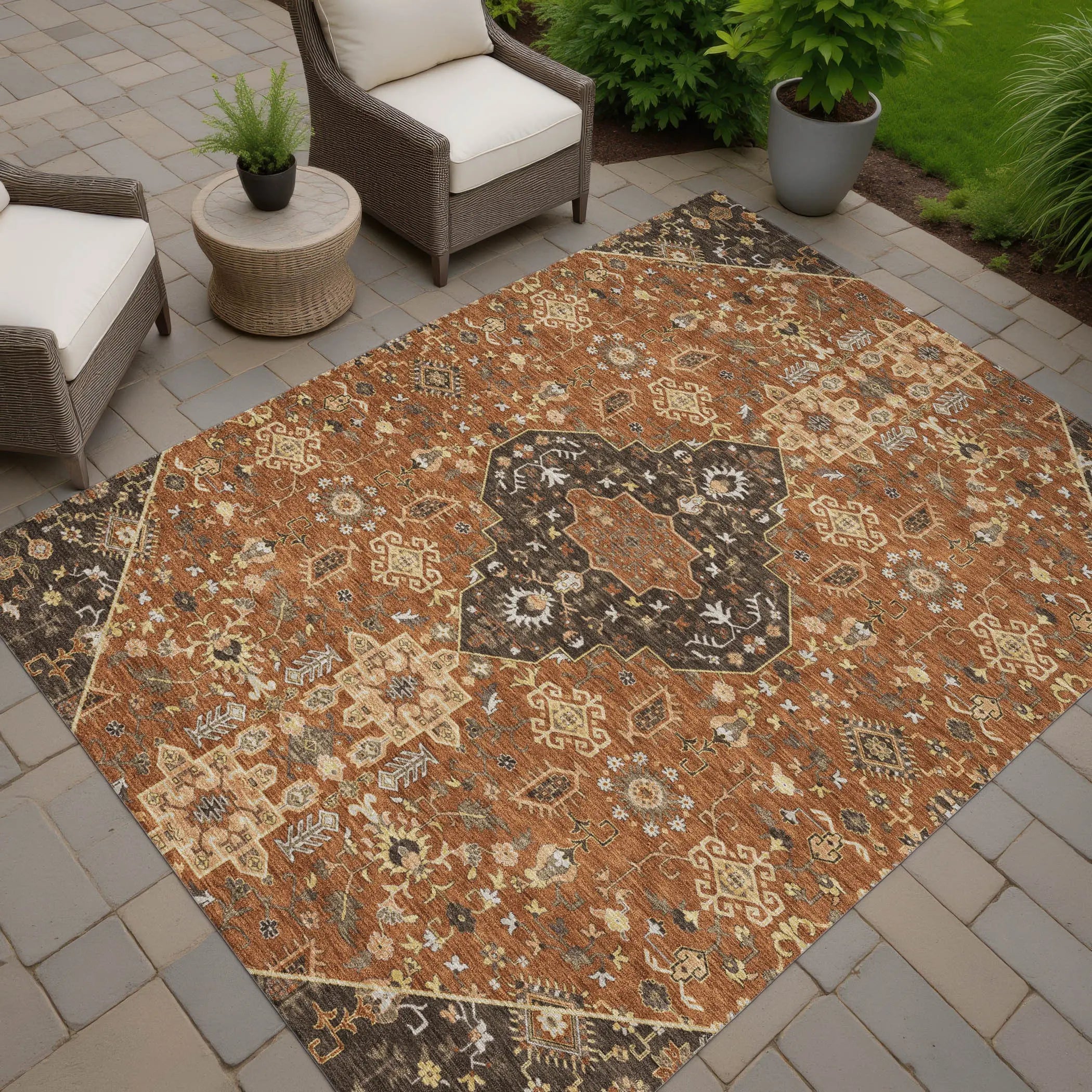 8' X 10' Orange And Brown Medallion Washable Indoor Outdoor Area Rug Homeroots Outdoor