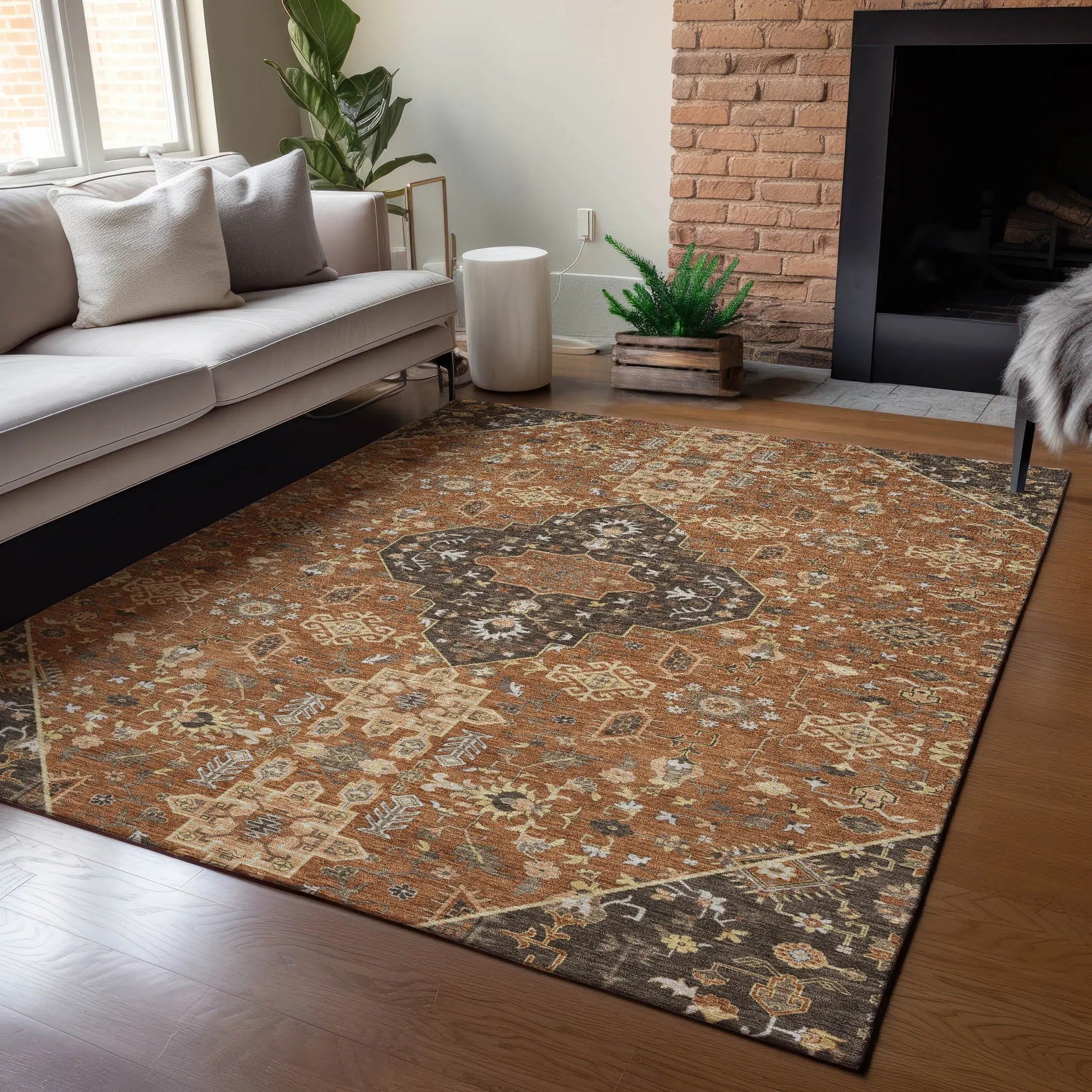 8' X 10' Orange And Brown Medallion Washable Indoor Outdoor Area Rug Homeroots Outdoor