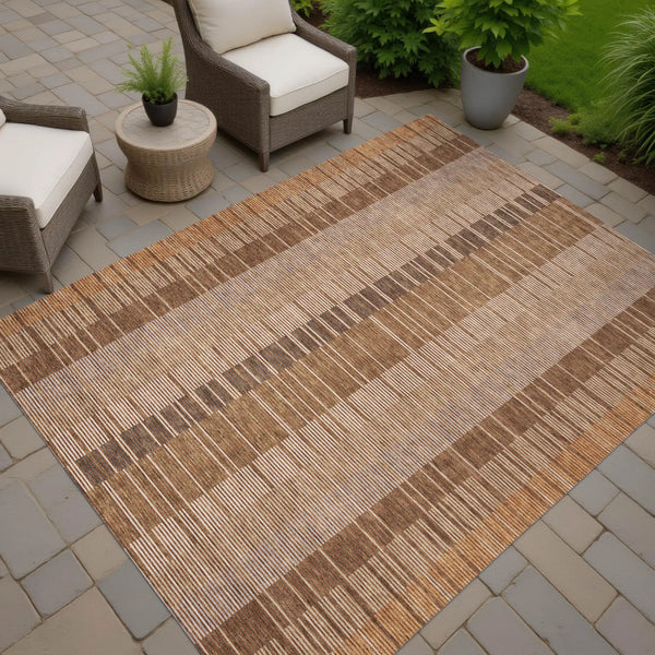 8' X 10' Orange And Brown Striped Washable Indoor Outdoor Area Rug Homeroots Outdoor