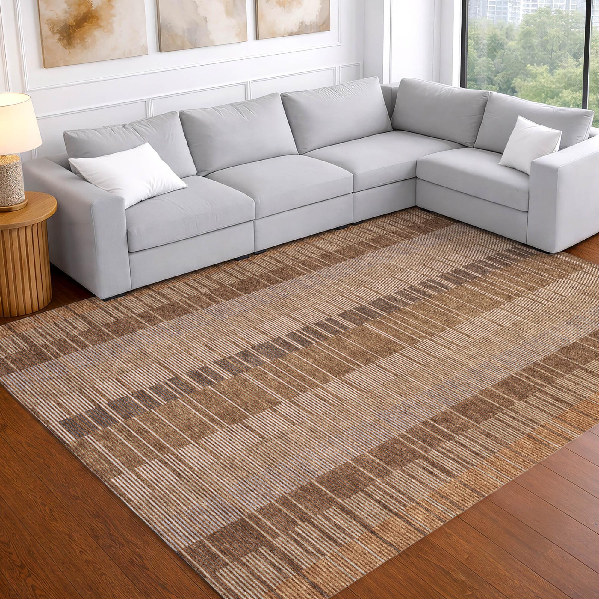 8' X 10' Orange And Brown Striped Washable Indoor Outdoor Area Rug Homeroots Outdoor