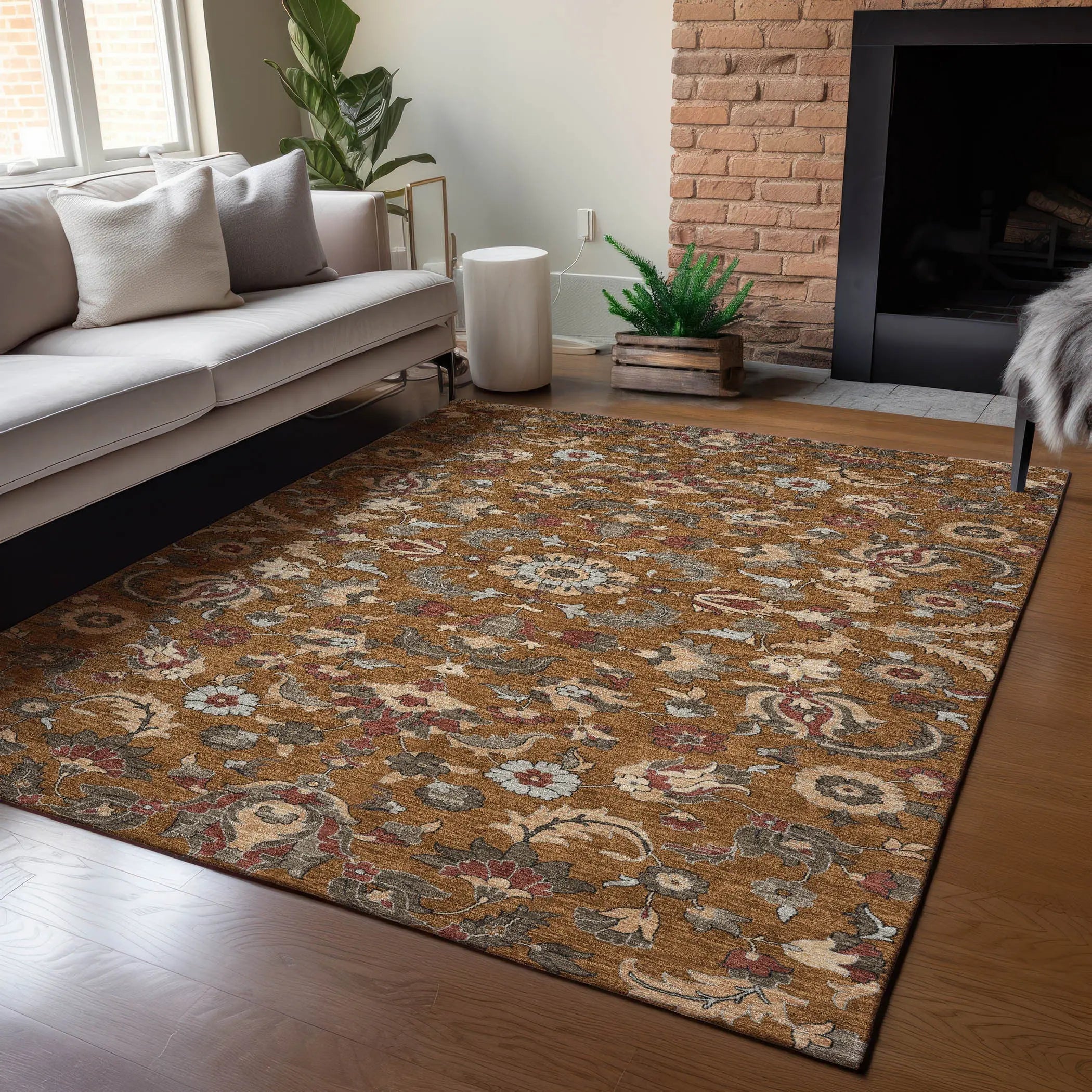 8' X 10' Orange And Burgundy Floral Medallion Washable Indoor Outdoor Area Rug Homeroots Outdoor